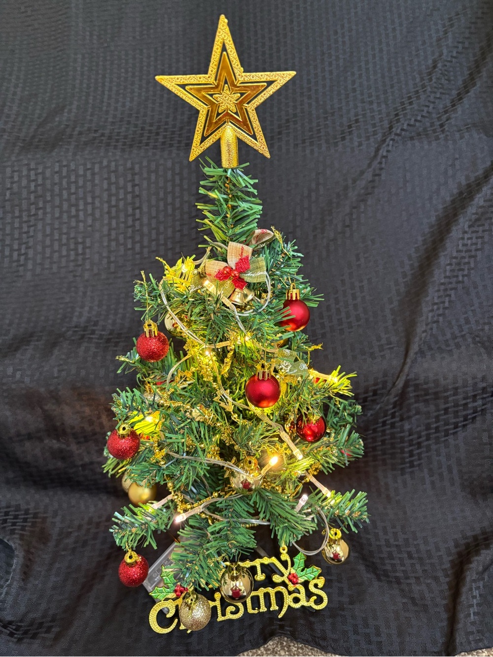 4 - Mini Artificial Christmas Trees with Gold Star Topper and Red Ornaments